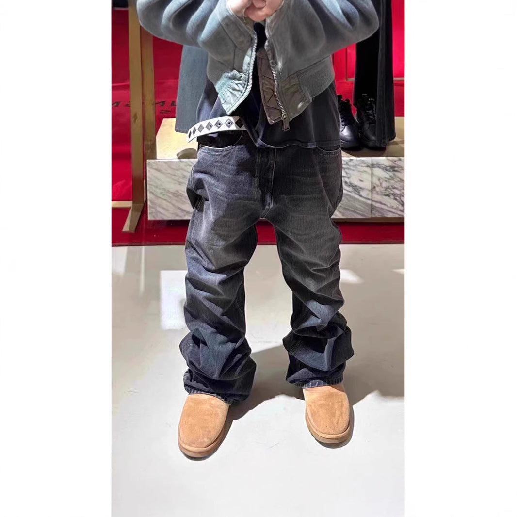 Washed Old Black And Gray Slightly Flared Jeans Men