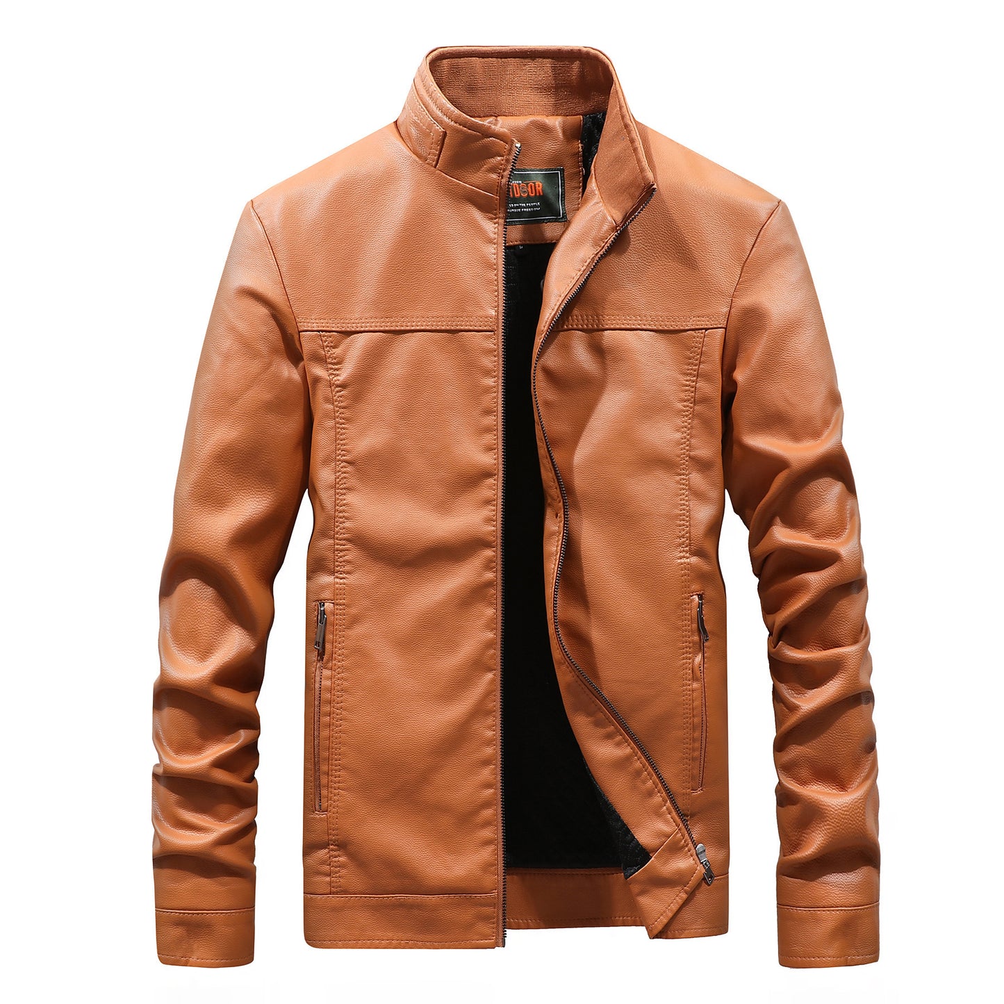 Stand-up collar solid color large size leather men's jacket
