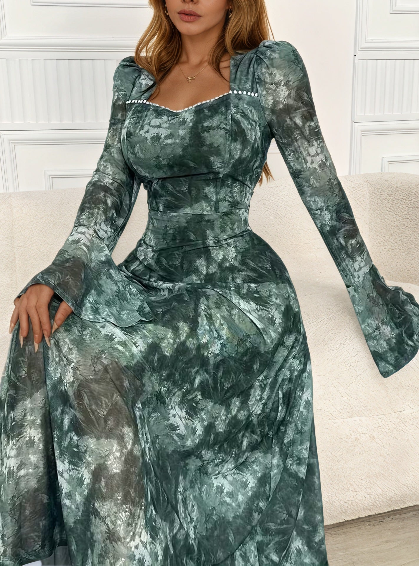 Elegant Square-neck Long-sleeve Tie-dye Printed Dress