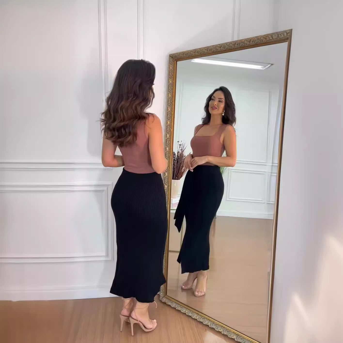 Knitted Half-length Slit Sheath Skirt