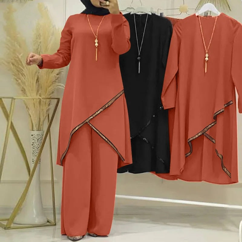 O-collar Long Sleeve Shirt Wide Leg Pants Suit Casual Women's Suit