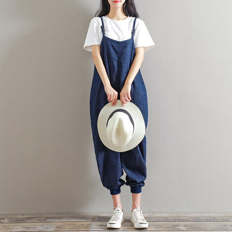Women's two-color seven-yard one-piece suspenders and ankle jeans