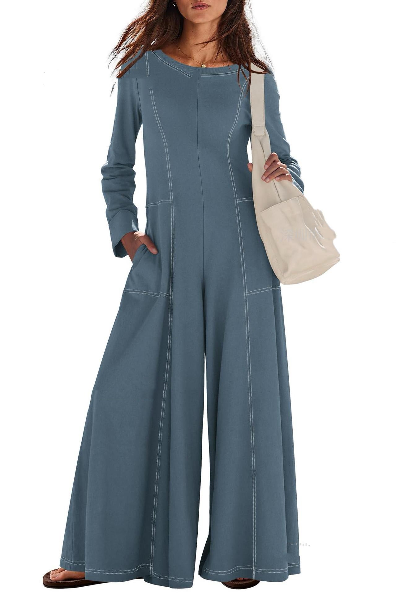 Women's Fashionable Casual Contrasting-Color Striped Long-Sleeve Jumpsuit