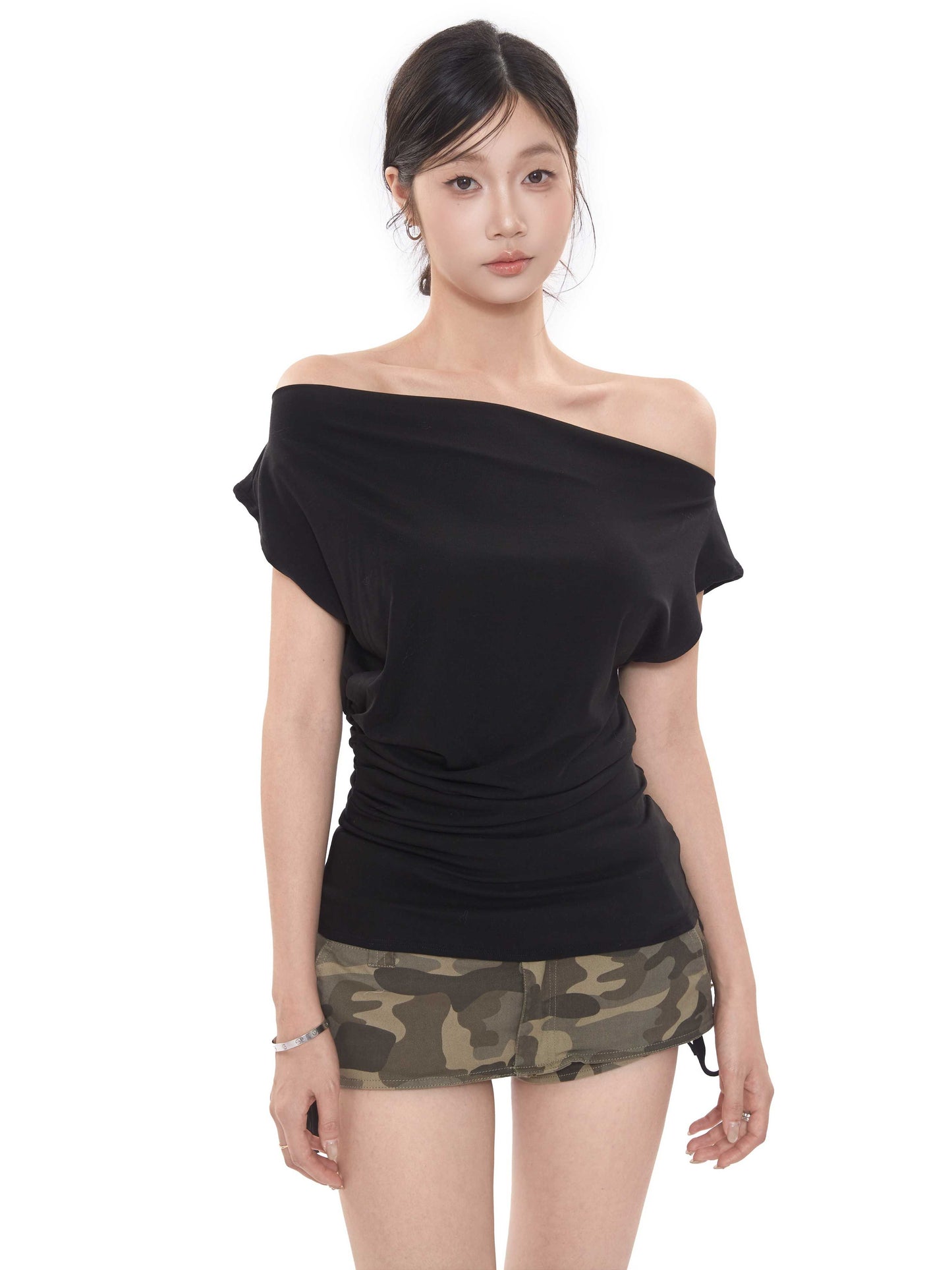 Short-sleeved Women's T-shirt Slim-fit Slimming Off-shoulder Top