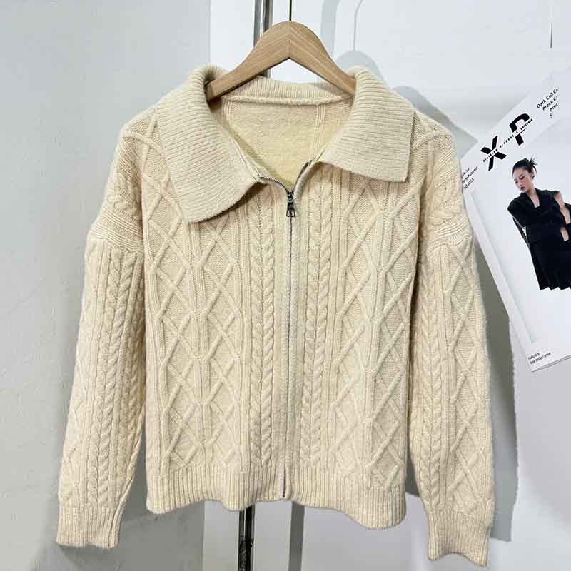 Women's Korean-style Lapel Cable-knit Sweater Coat