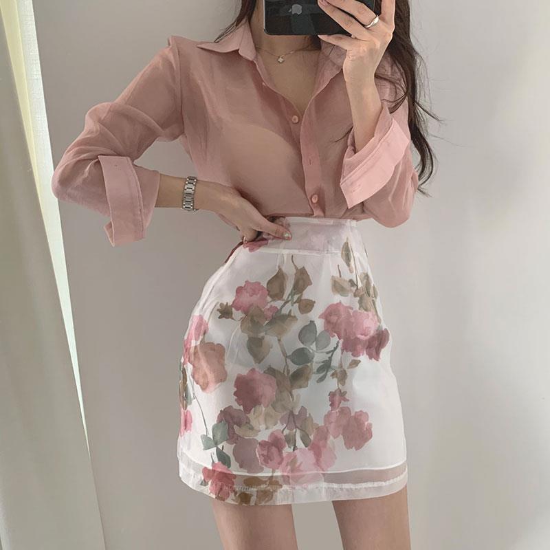 Sun Protection Shirt High Waist Color Printing Chiffon Skirt