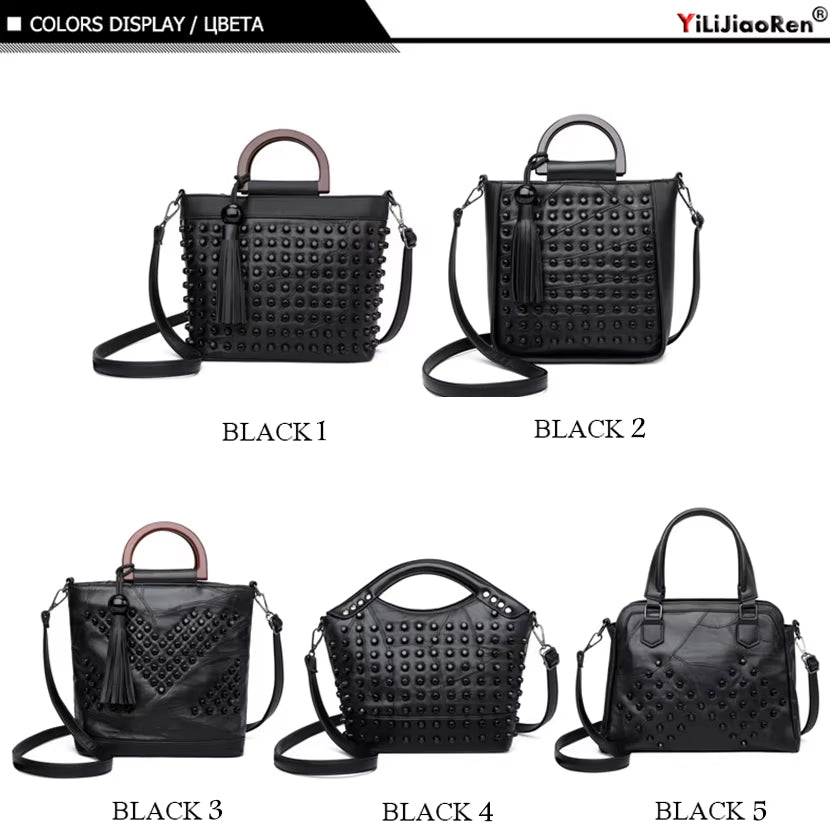 Luxury Sheepskin Leather Handbag for Women with Rivet Detailing - Designer Tote and Crossbody Messenger Bags