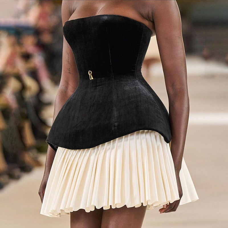 Dark Velvet Cropped Tube Top Mini Skirt
