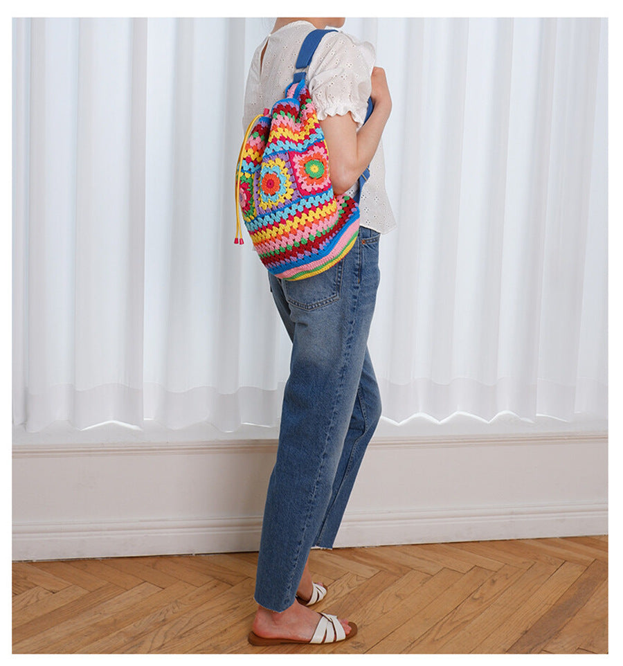 Drawcord Contrast Grandmother Plaid Woven Bag