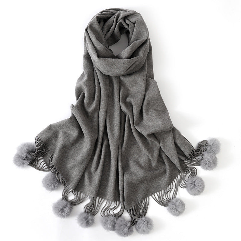 Pure color rabbit fur ball cashmere scarf
