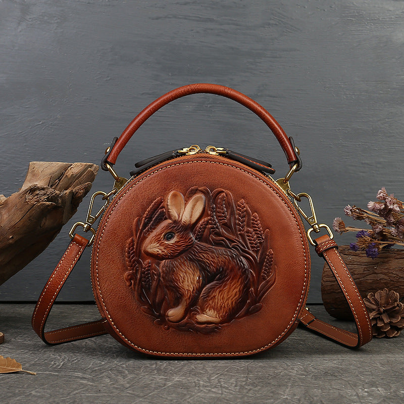 Etnisk stil Lille rund taske Toplæder Enkel skulder Crossbody
