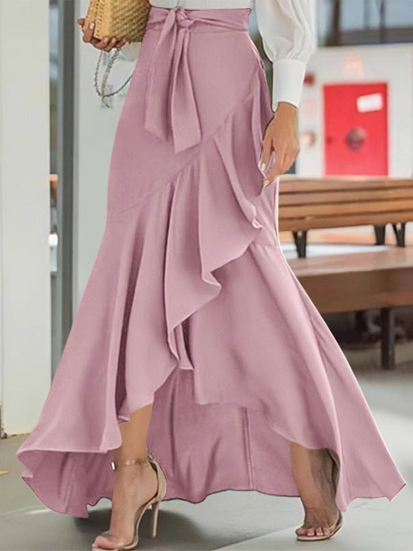 Belt Lace Sheath Fishtail High Waist Irregular Skirt