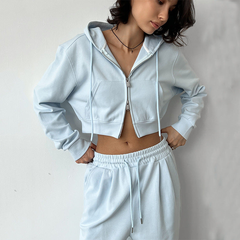 Casual Women's Suit Solid Color Long Sleeve Zip Hoodie Drawstring Sweatpants