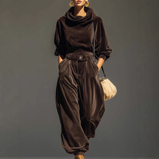 Velvet Hooded Long-sleeve With Tapered Pants Casual Set For Women