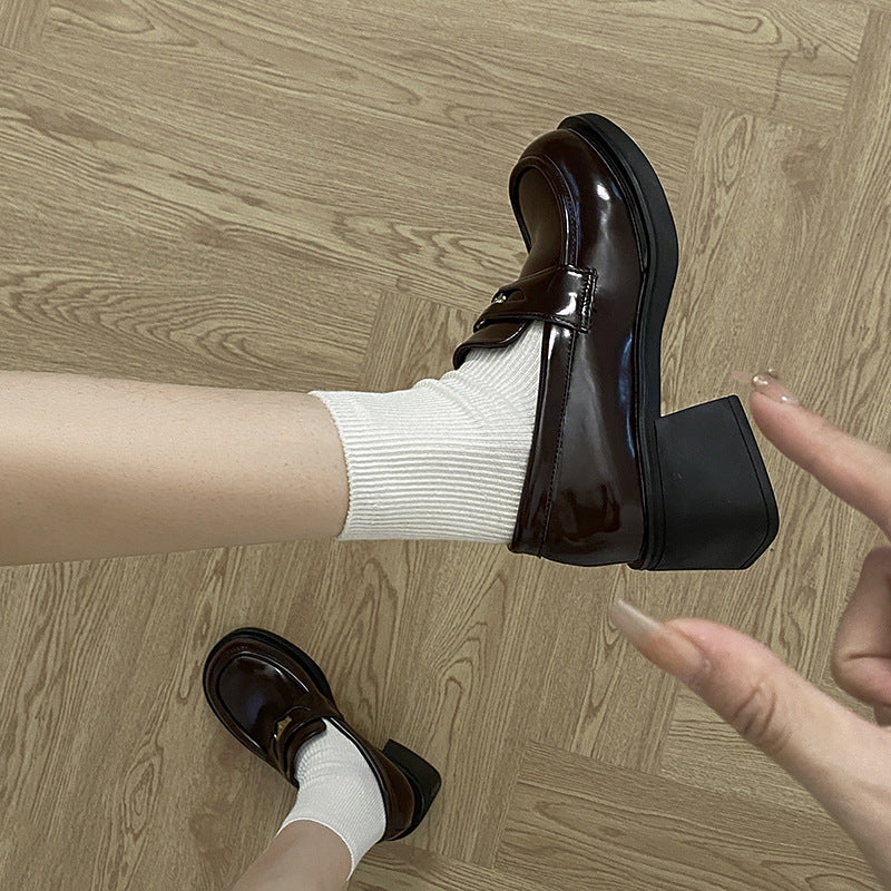 New Autumn And Winter Small Height Increasing Chunky Heel British Leather Shoes