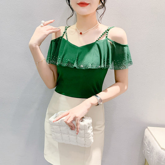 Mesh Hot Drilling V-hals Patchwork Top
