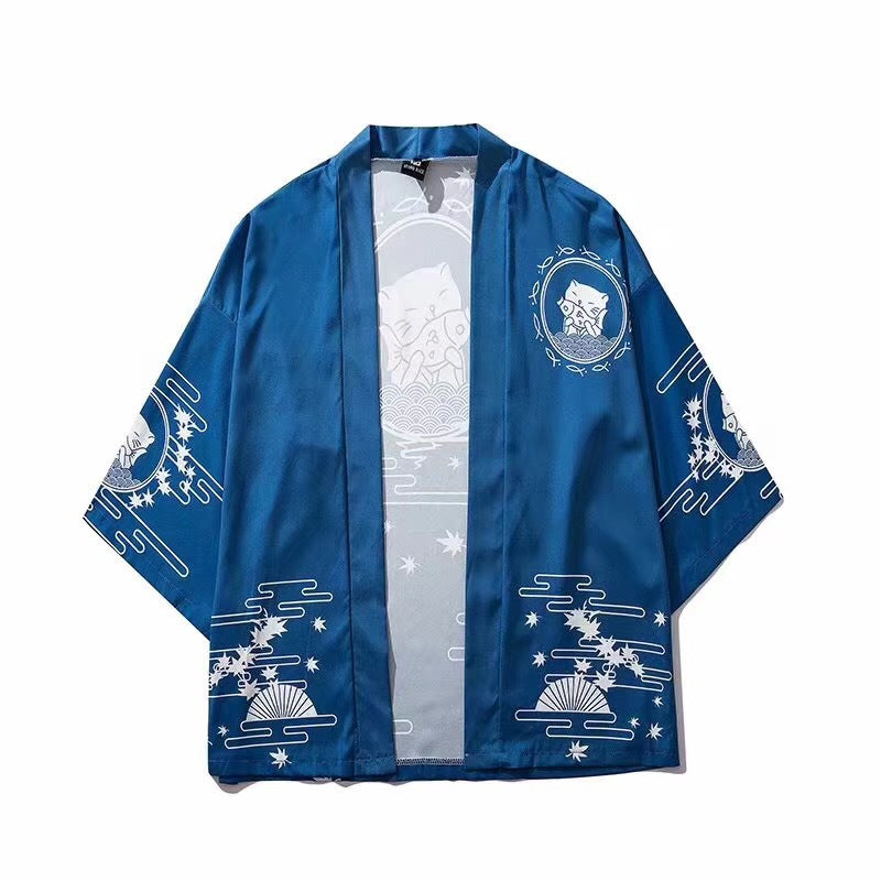 Japanese lucky cat robe Wave pattern shirt
