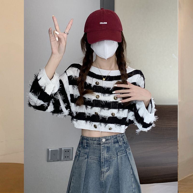 Striped French Tassel Design Sense Long Sleeve Short Top