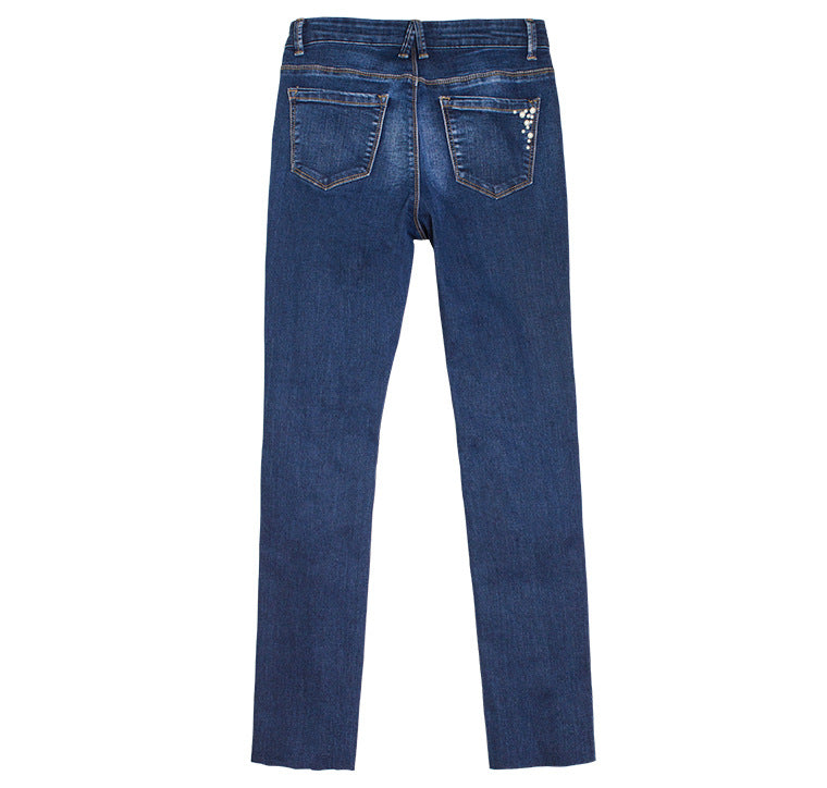 High-waist beaded stretch-through jeans