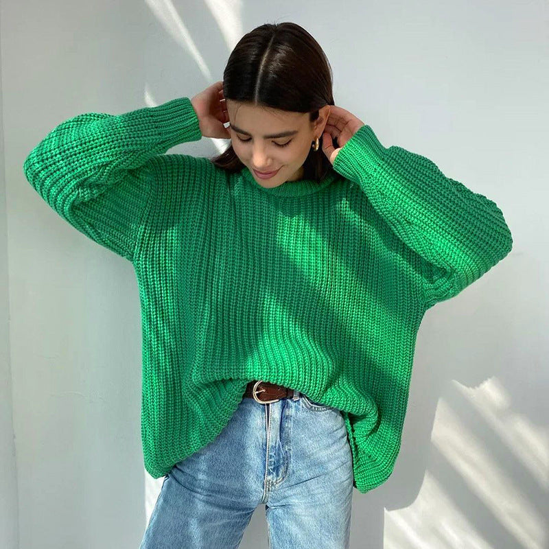 Relaxed-fit Crew-neck Solid-color Long-sleeve Laid-back Style