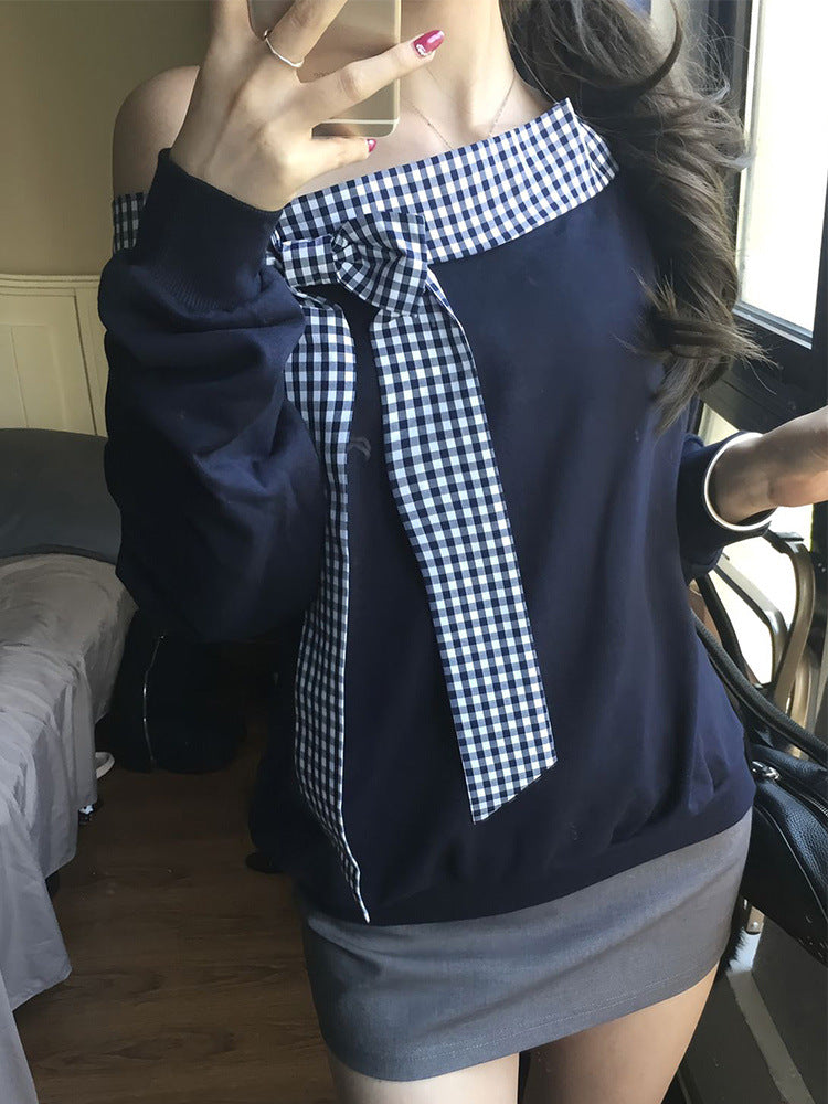 Fashion Plaid Off-shoulder Langærmet T-shirt til kvinder