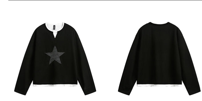 American Retro Fake Two-piece XINGX Patch Sweater