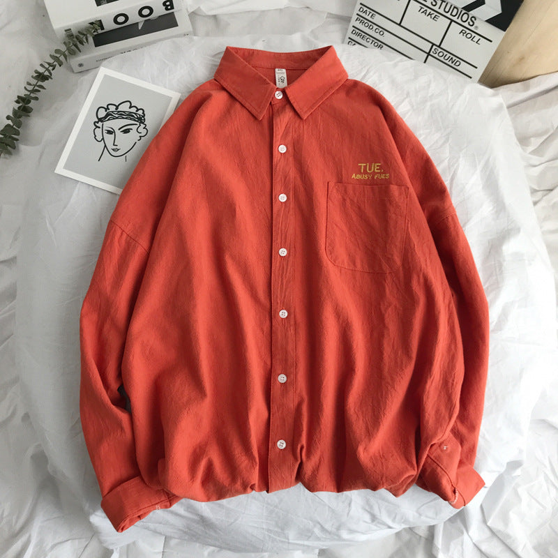 Neutral long sleeve solid color embroidered shirt
