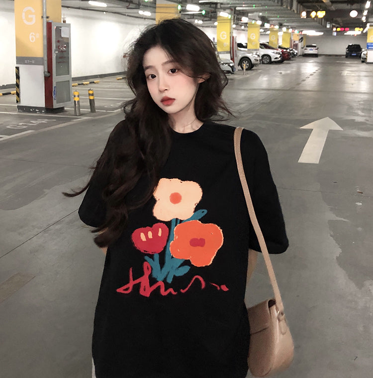 Women's Retro Loose Graffiti Cotton Short Sleeve T-Shirt