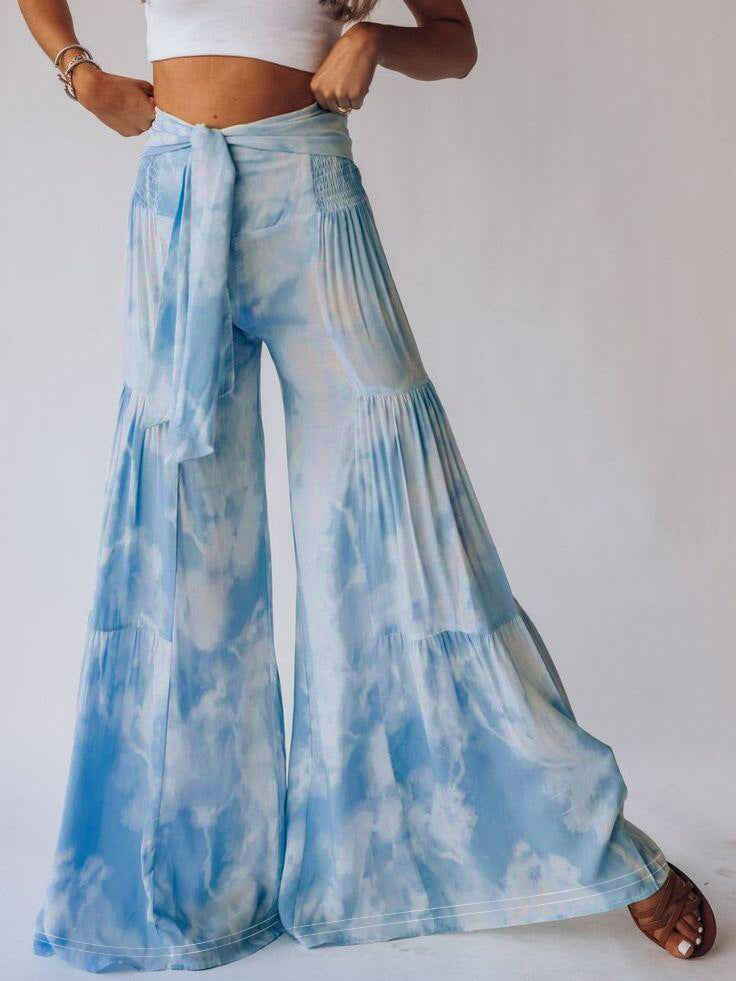 Printed Waist-controlled Lace-up Straight Pants