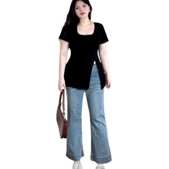 Black U-collar Shoulder Short Sleeve T-shirt Top