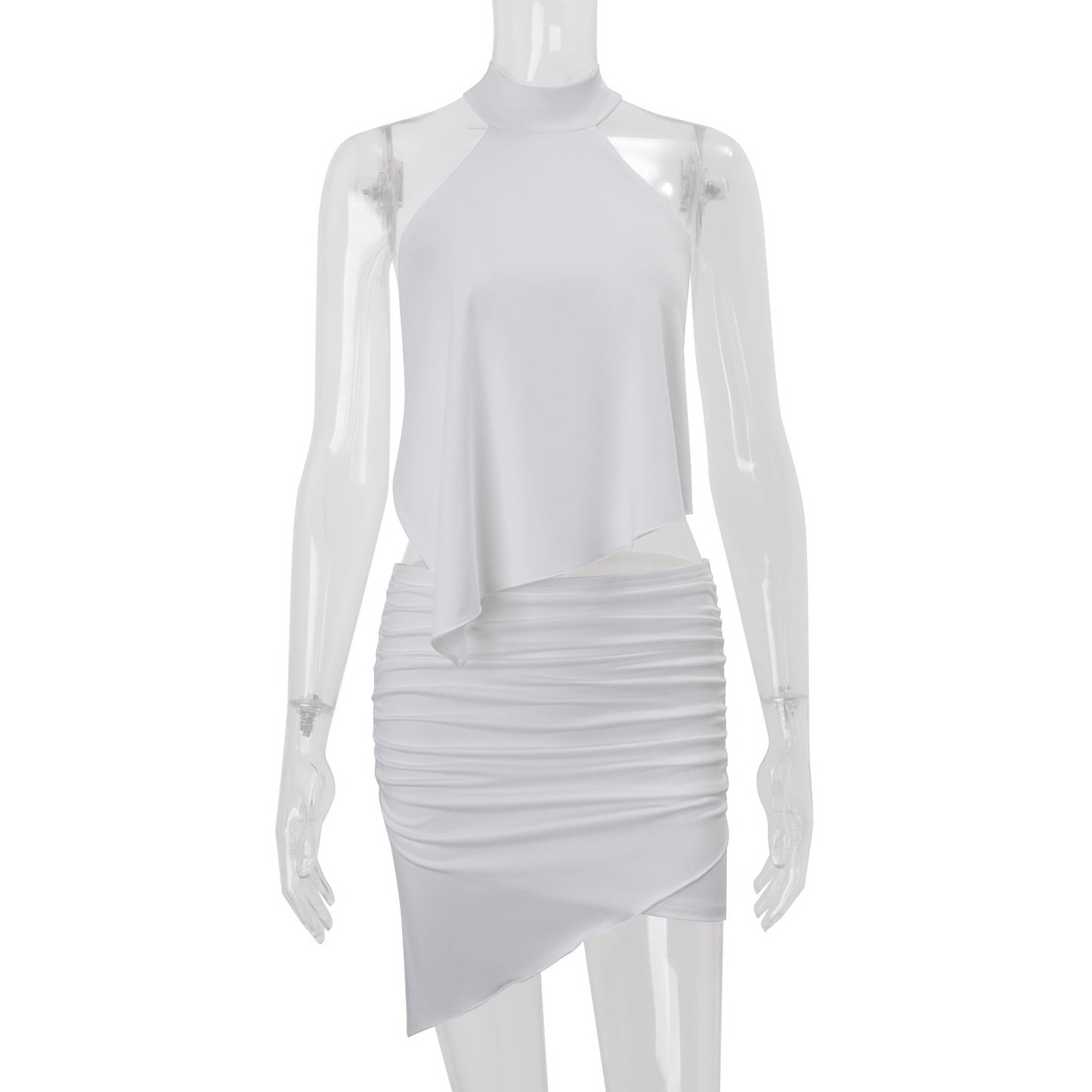 Sexet standkrave, off-shoulder irregulær top og elegant plisseret etuinedelssæt