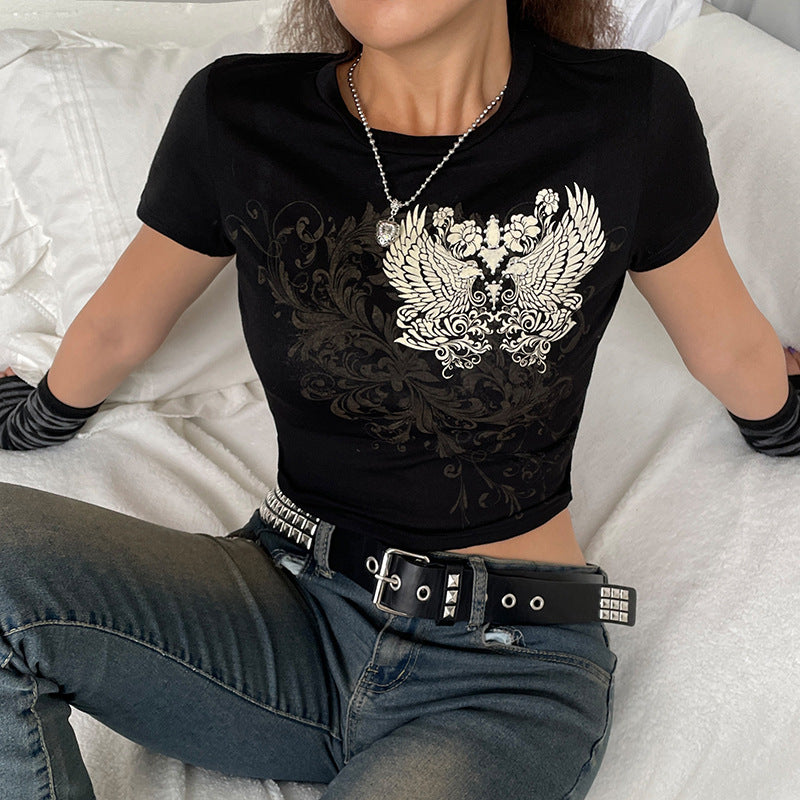 Street Spice Girls Retro Hot Diamond Print Short Sleeve Navel T Shirt