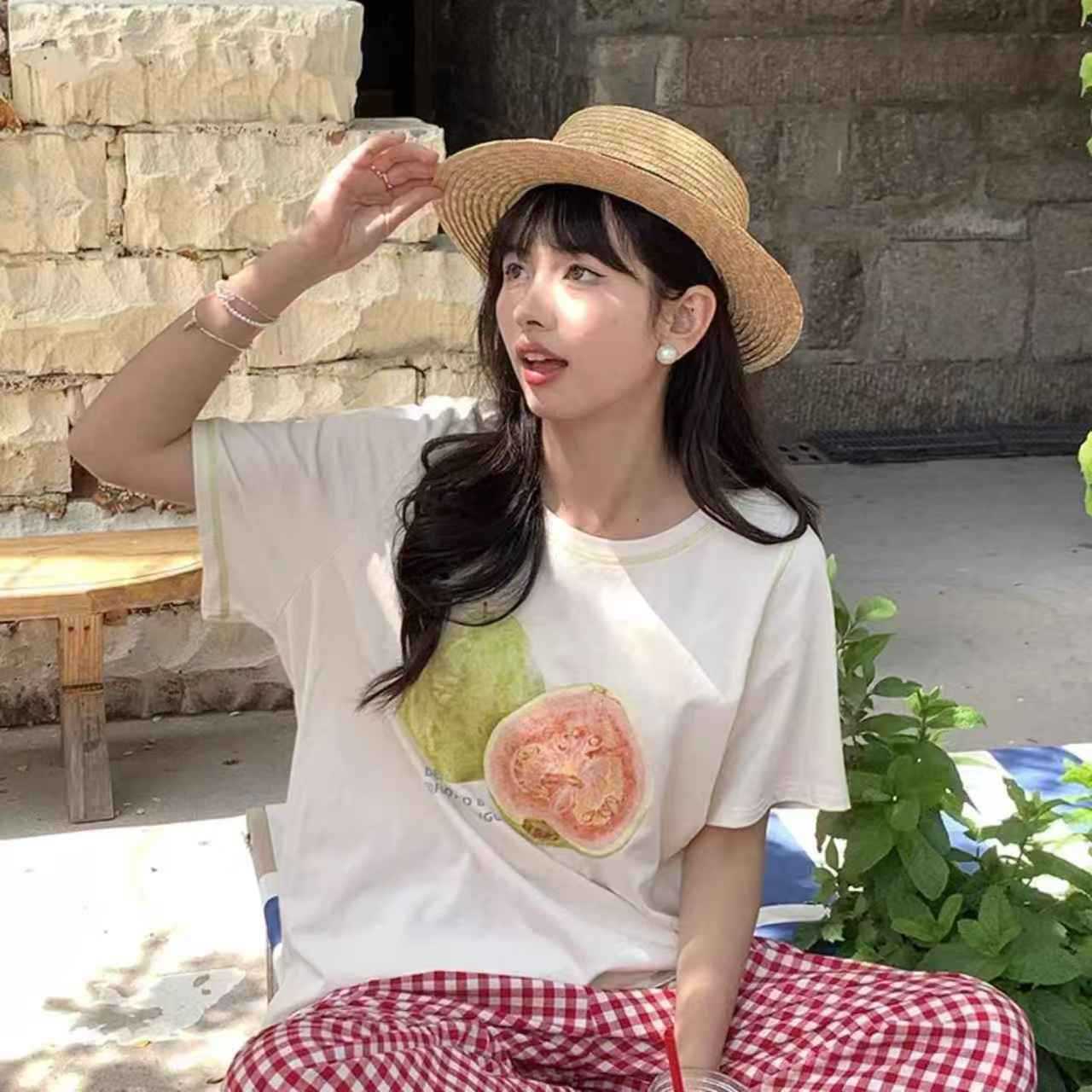 Yellow Steamed Guava Print Letter Crew Neck Loose Short Sleeve