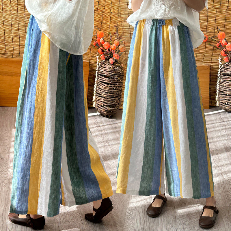 Colorful Stripes Linen Wide-leg Pants Drape Spring And Summer New Large Size Cotton Linen Pants Loose Color Matching