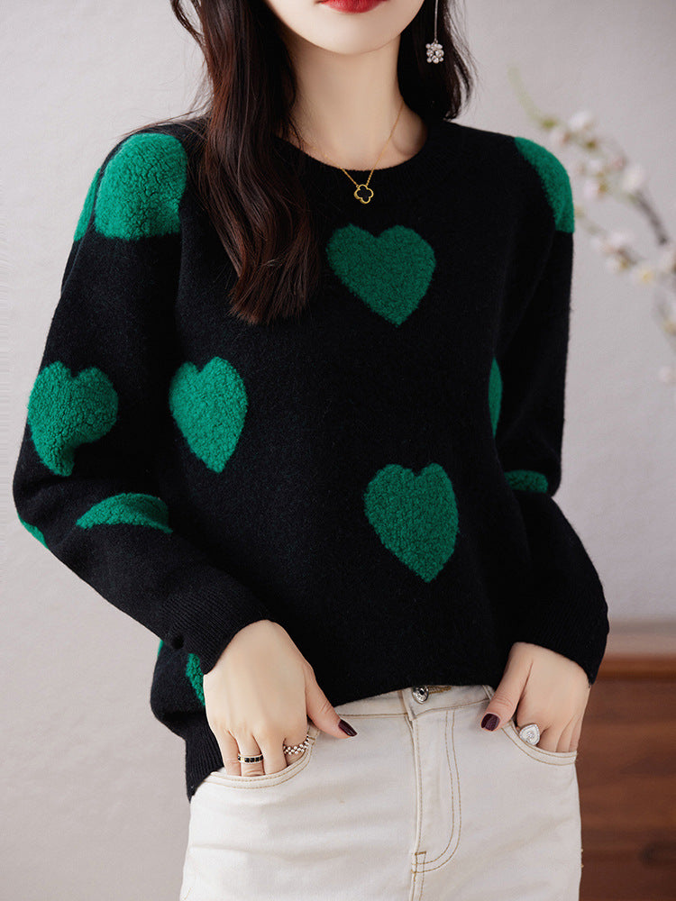 Round Neck Pullover Love Pure Wool Sweater Ladies