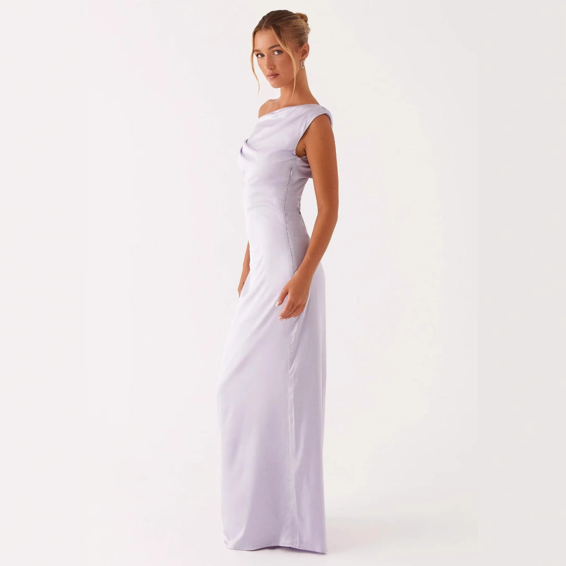 New Solid-color Asymmetrical Neckline Pleated Long Dress