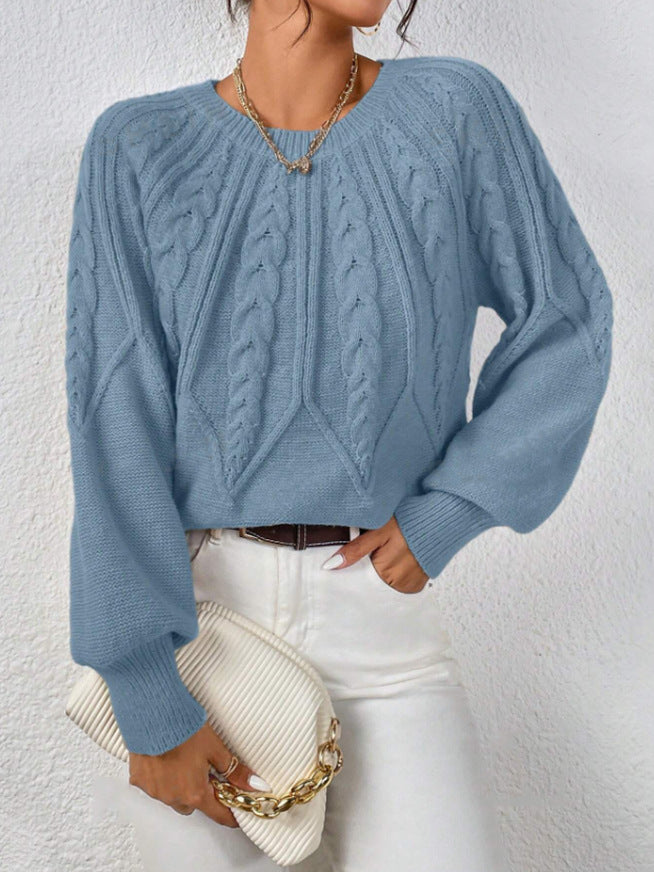 Round Neck Knitted Sweater Female Twist Thread Solid Color Versatile Casual Top