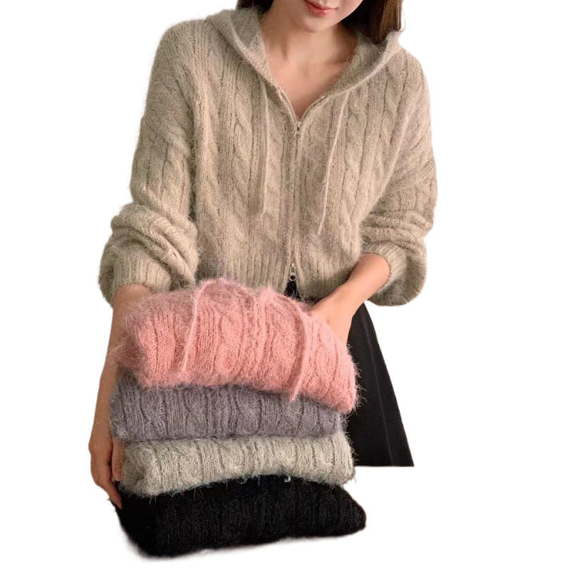 Soft Glutinous Niche Zipper Hooded Thickened Sweater