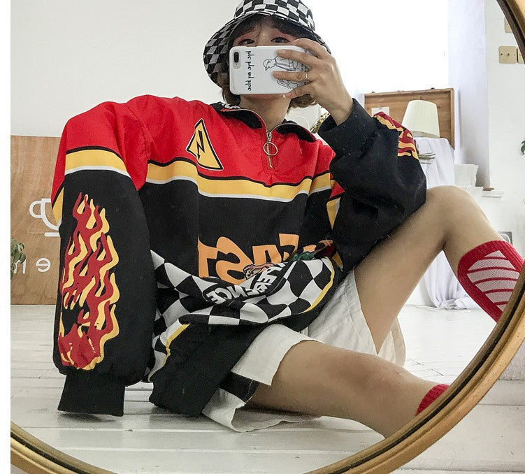Harajuku BF Style Gade Retro Racing Print Lapel Løs Herre og Dame Pullover Sweaterfrakke