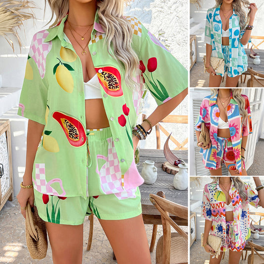 Womens Casual Resort-Style Color-Block Printed Short-Pants Set