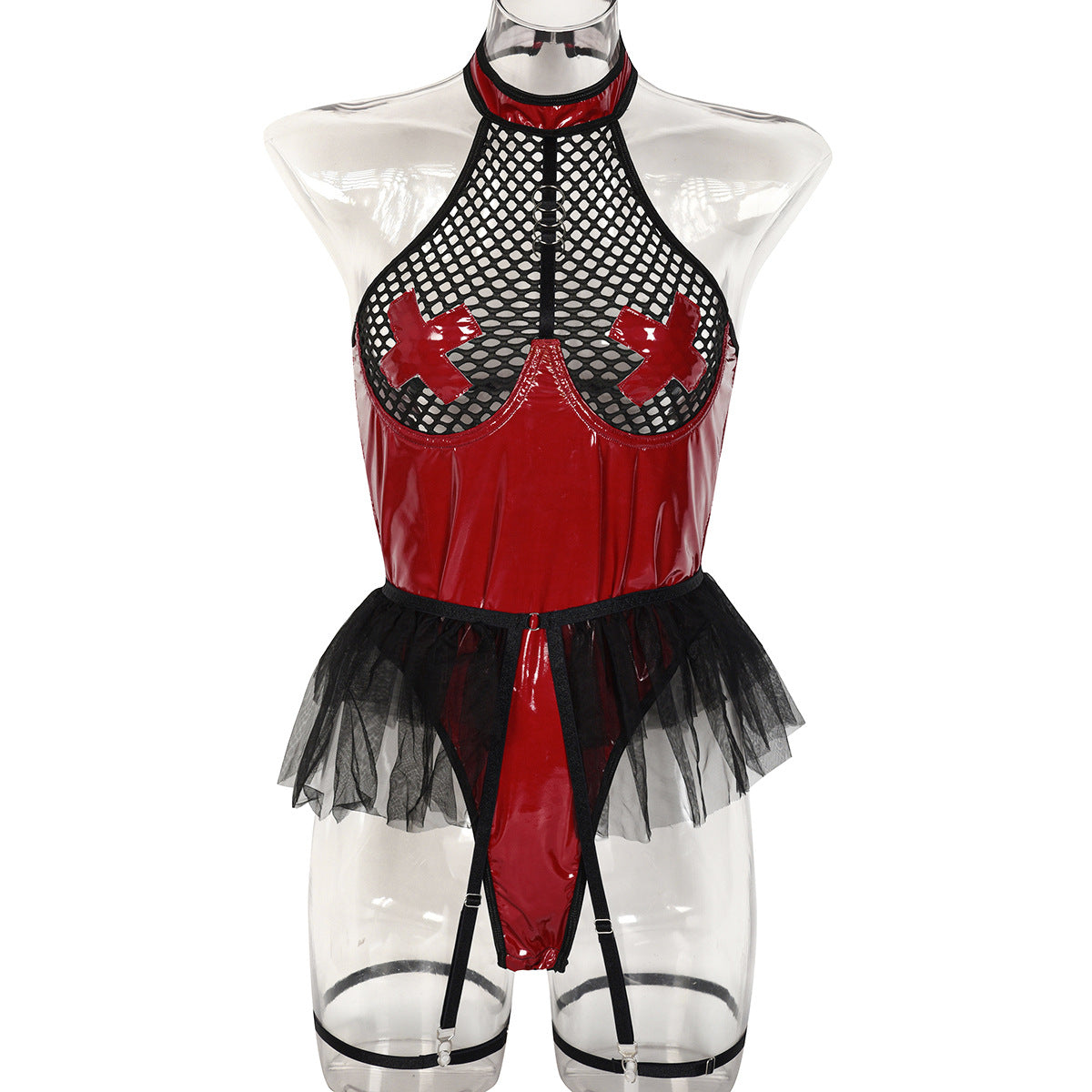 PU Patent Leather Large Grid Cross Jumpsuit