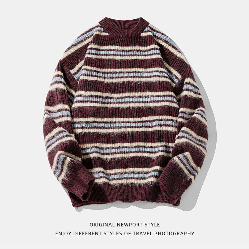 Japanese-style Retro Contrast Color Striped Round Neck Sweater Men's Autumn And Winter