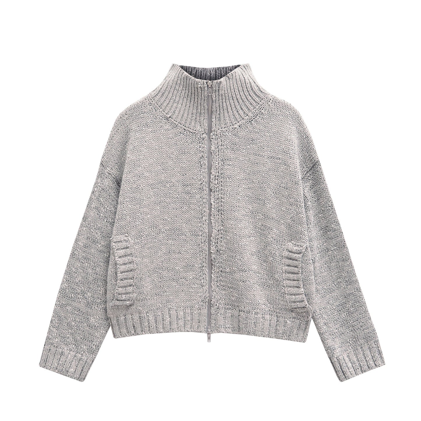 Spring Zipped Stand Collar Short Long Sleeve Knitted Coat