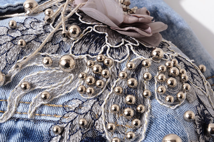 Jaqueta jeans de manga longa com flores bordadas pesadas