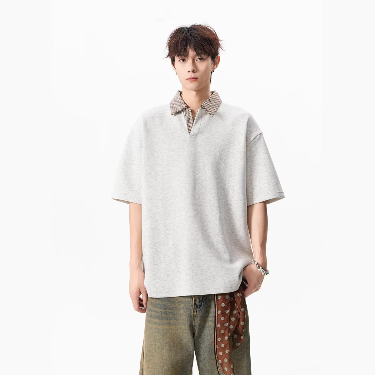 Loose-fit Lapel Short-sleeve Contrast-color Casual Top For Men