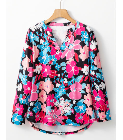 Floral V Neck Roll Tab Sleeve Blouse