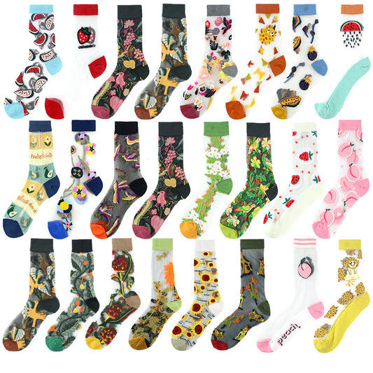 Thin Mid Tube Fashion Style Flower Forest Glass Stockings
