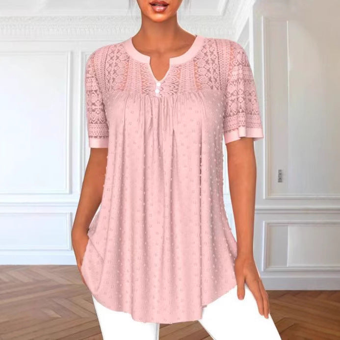 Fashion Round Neck Stitching Lace Short Sleeve