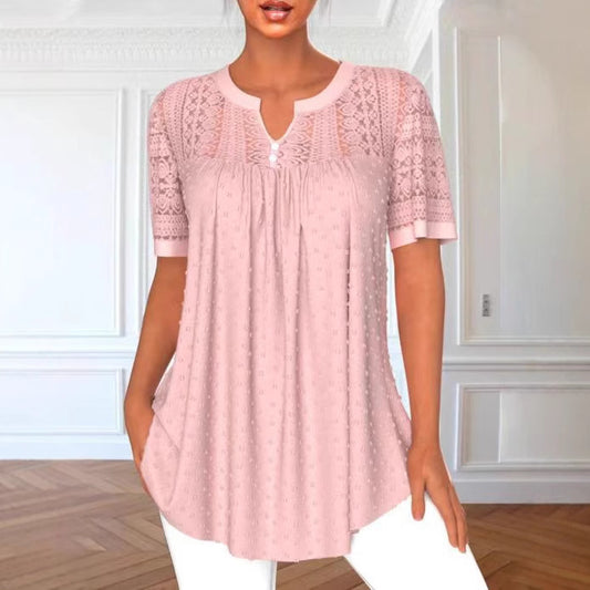 Fashion Round Neck Stitching Lace Short Sleeve