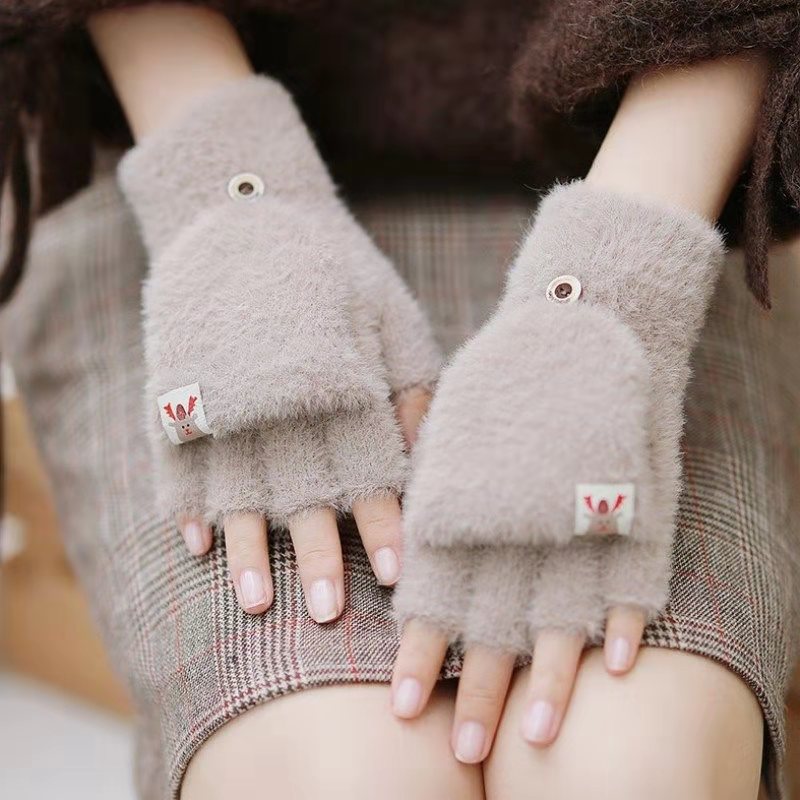 Plush Winter Half Finger Flap Warm Thickened Mink Like Knitting Gloves